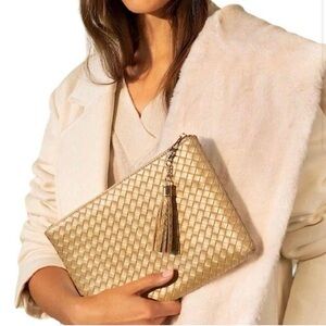 Virginia Wolf Faux Leather Metallic Gold Woven Clutch Cosmetic Bag NWT NIB 🌴